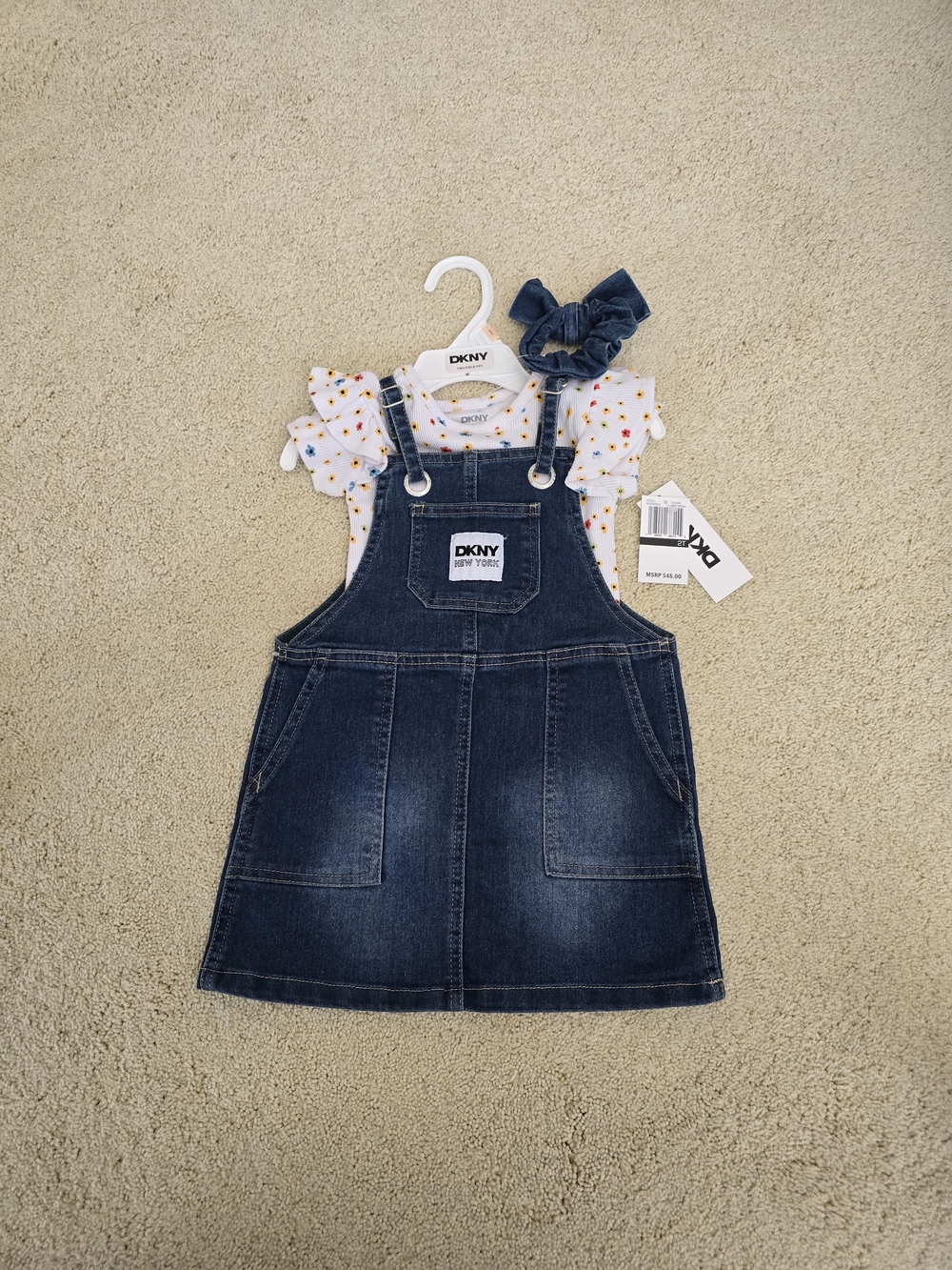 DKNY Dark Blue Denim Overall Dress with Floral Tee Shirt And Head Band Set